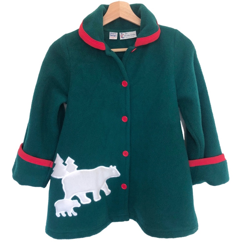 Vintage Kids Fleece Christmas Jacket Polar Bear Coat Appliqué Green Girl’s 7